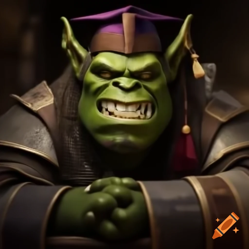 Smirking green orc professor in university mantle and cap holding scrolls
