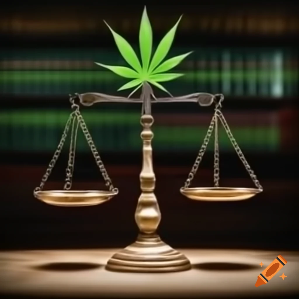 Balanced scales with cannabis leaf symbolizing law and regulation
