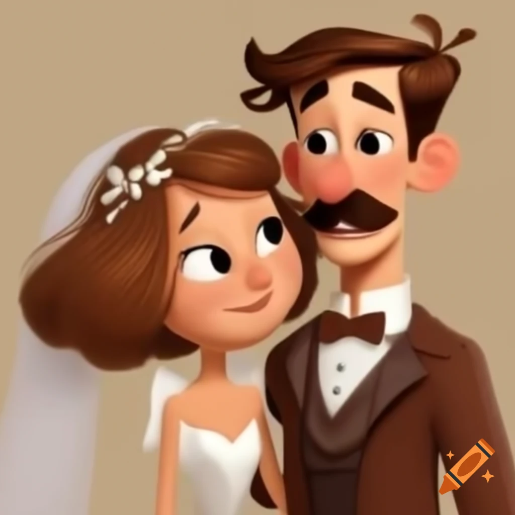 Bride and groom in wedding attire, chocolate-colored suit and white dress