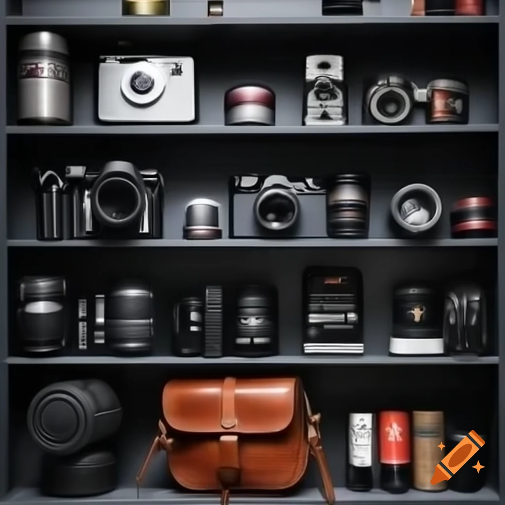 Photography equipment on horizontal shelves including cameras, lenses, and accessories