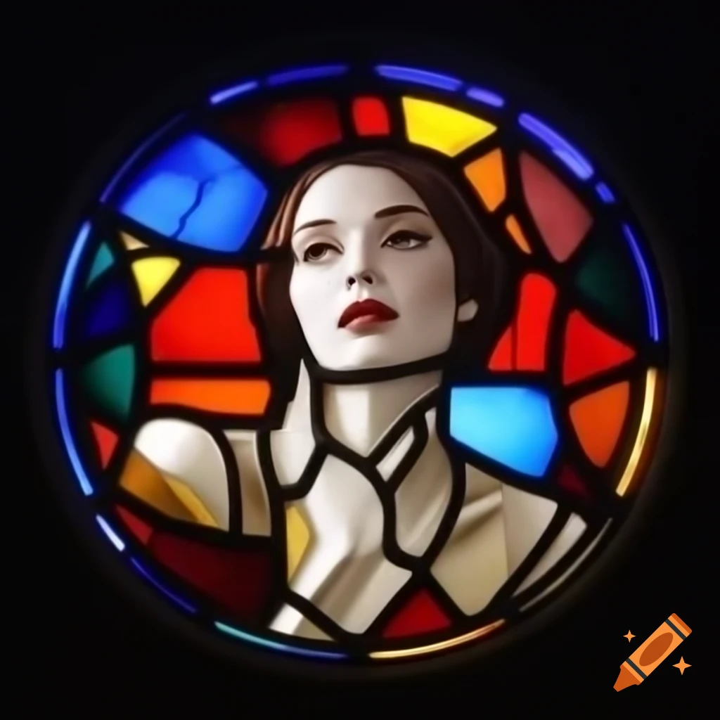 Contemporary stained glass window featuring a woman with a moustache