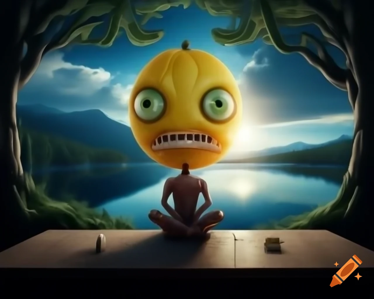 Surreal lemon monster sculpture with human features in forest setting