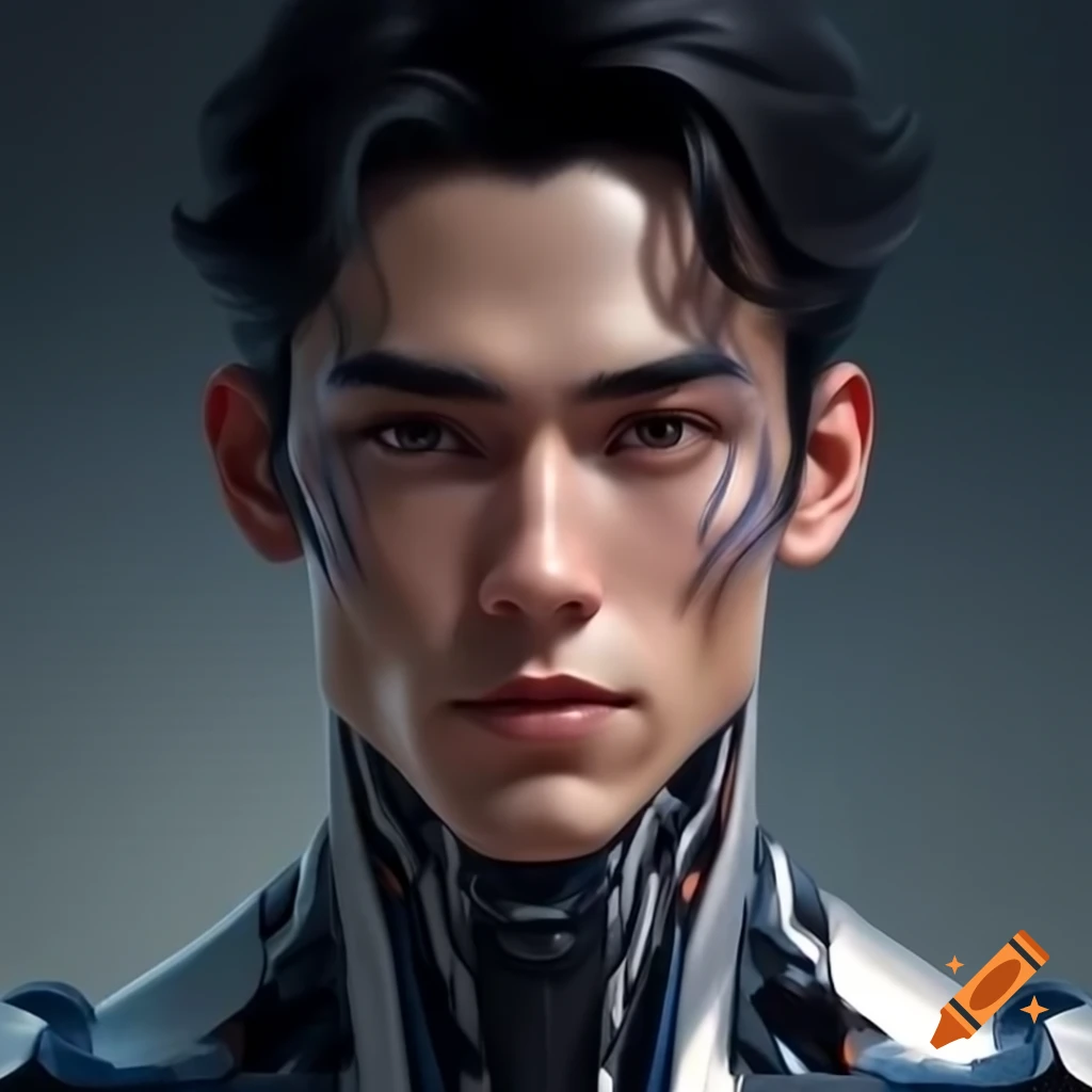 Headshot of young male cyborg with metallic skin and confident expression