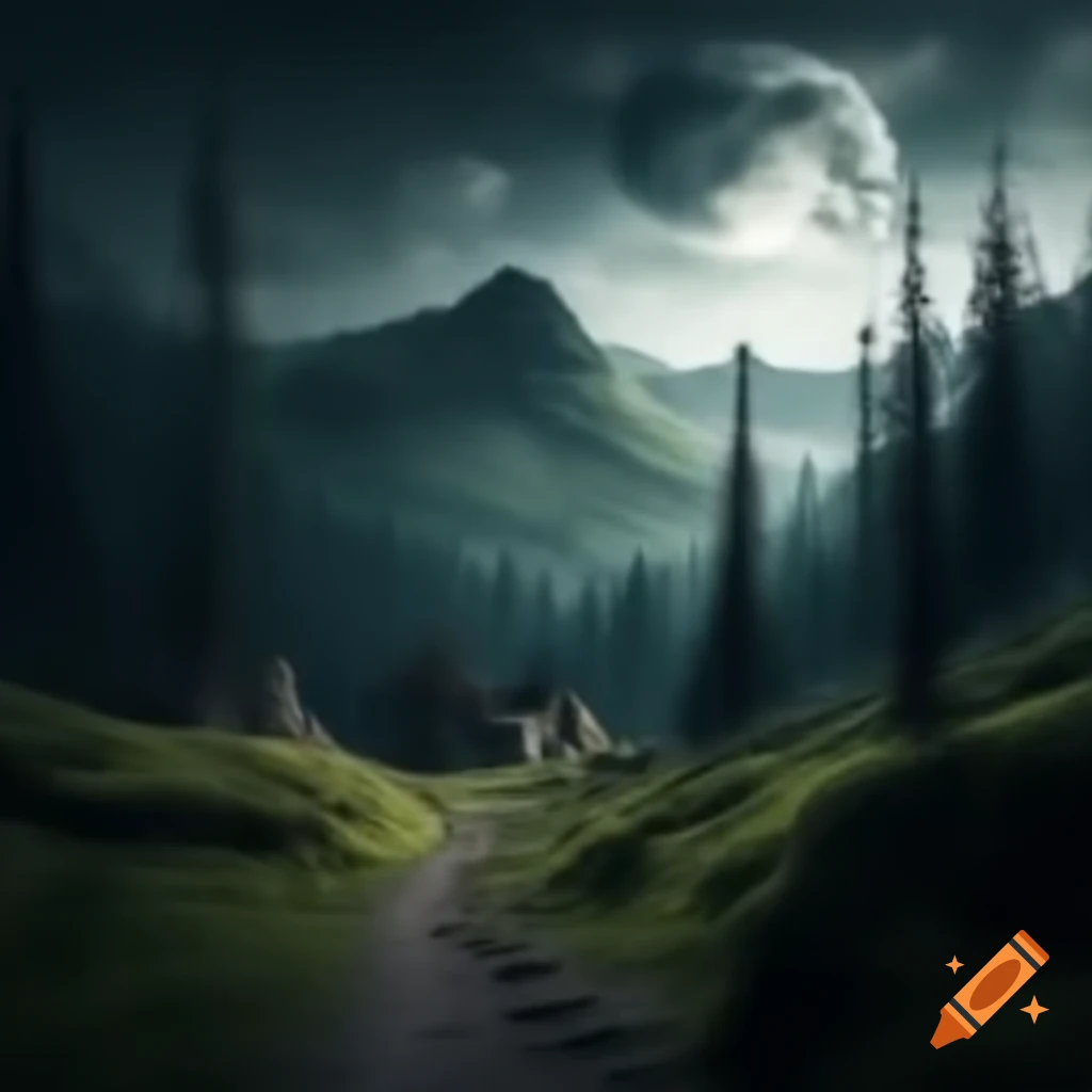 Moonrise over forested mountains with a trail leading to a ruined building