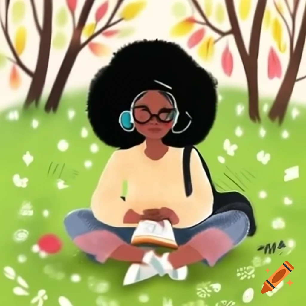 Young woman with afro hairstyle reading book in spring park, wearing glasses and headphones