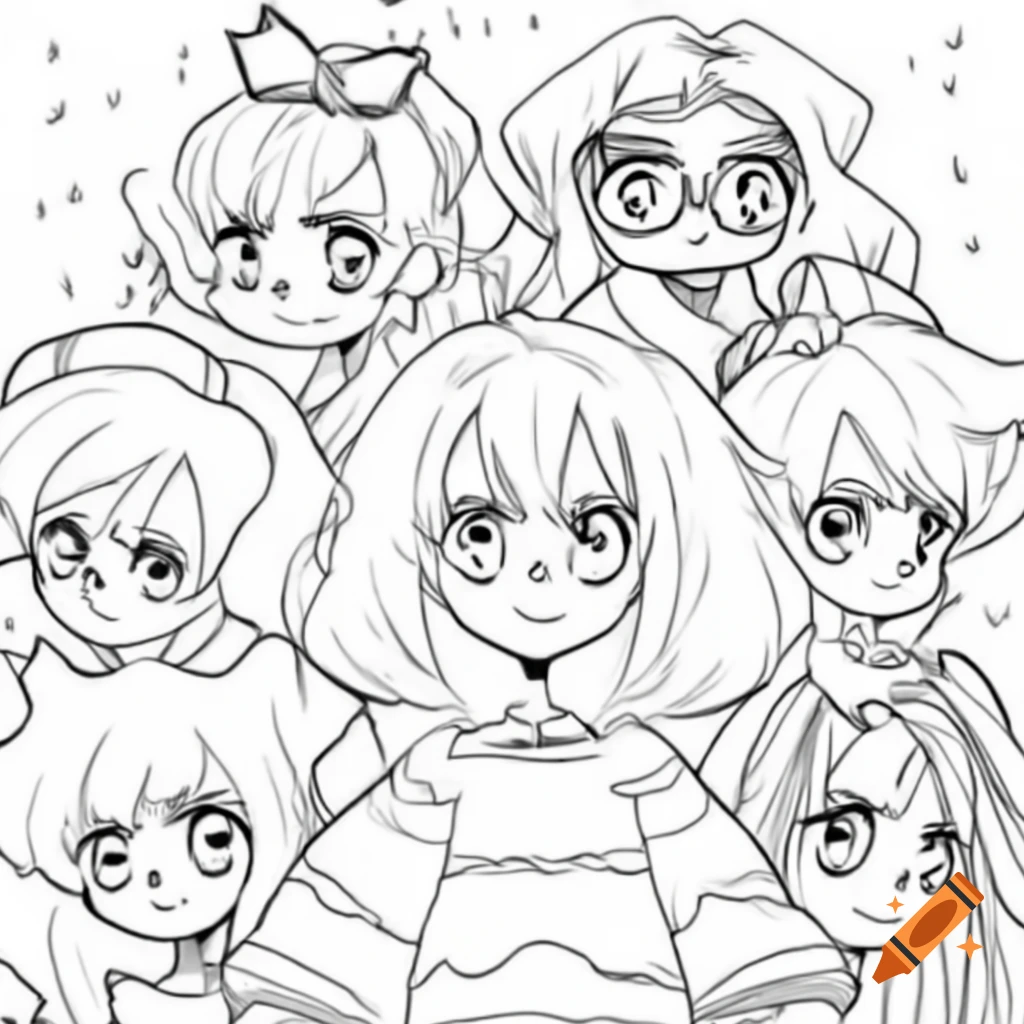 Color drawing of anime characters in black and white