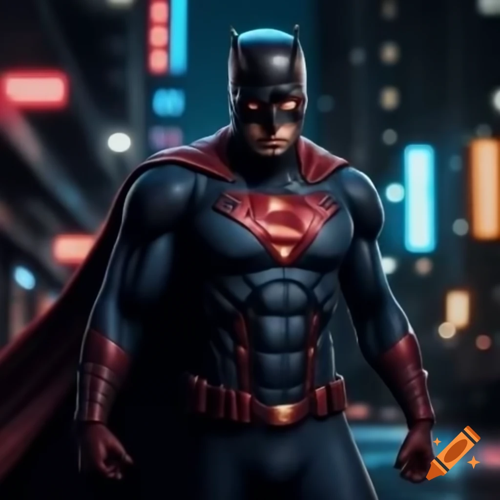 Dark-suited superhero with cape in dimly lit run-down city street at night