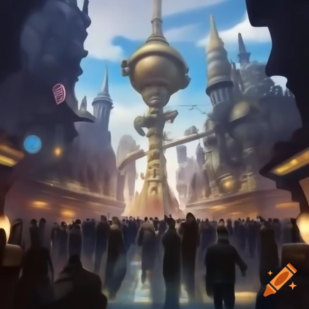 Steampunk metropolis with Victorian architecture and brass structures