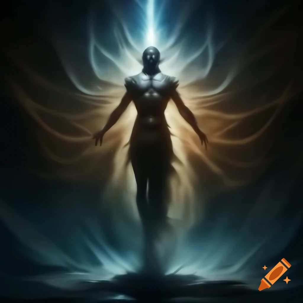 Ethereal colossal figure embodying colors of magic with prismatic glow