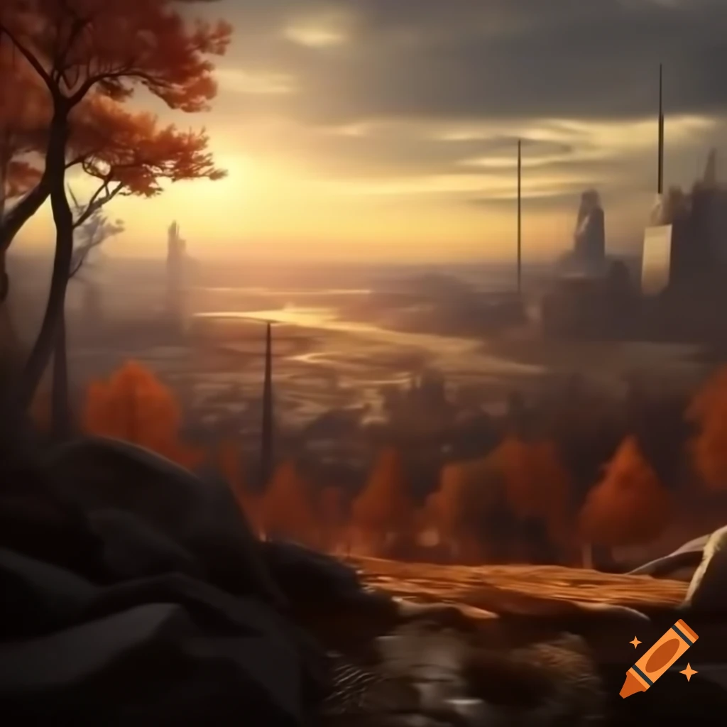 Autumn forest view overlooking apocalyptic cityscape at sunset