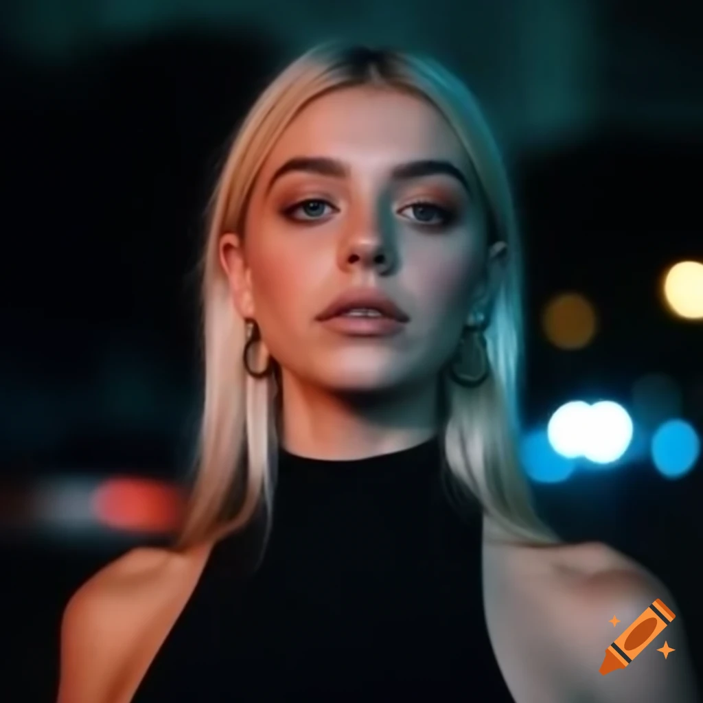 Beautiful young woman in black bodysuit and hoop earrings in San Francisco at night