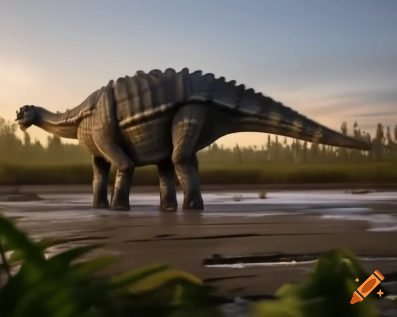 Ankylosaurus and Diplodocus in sunlit mudflat with ferns and driftwood