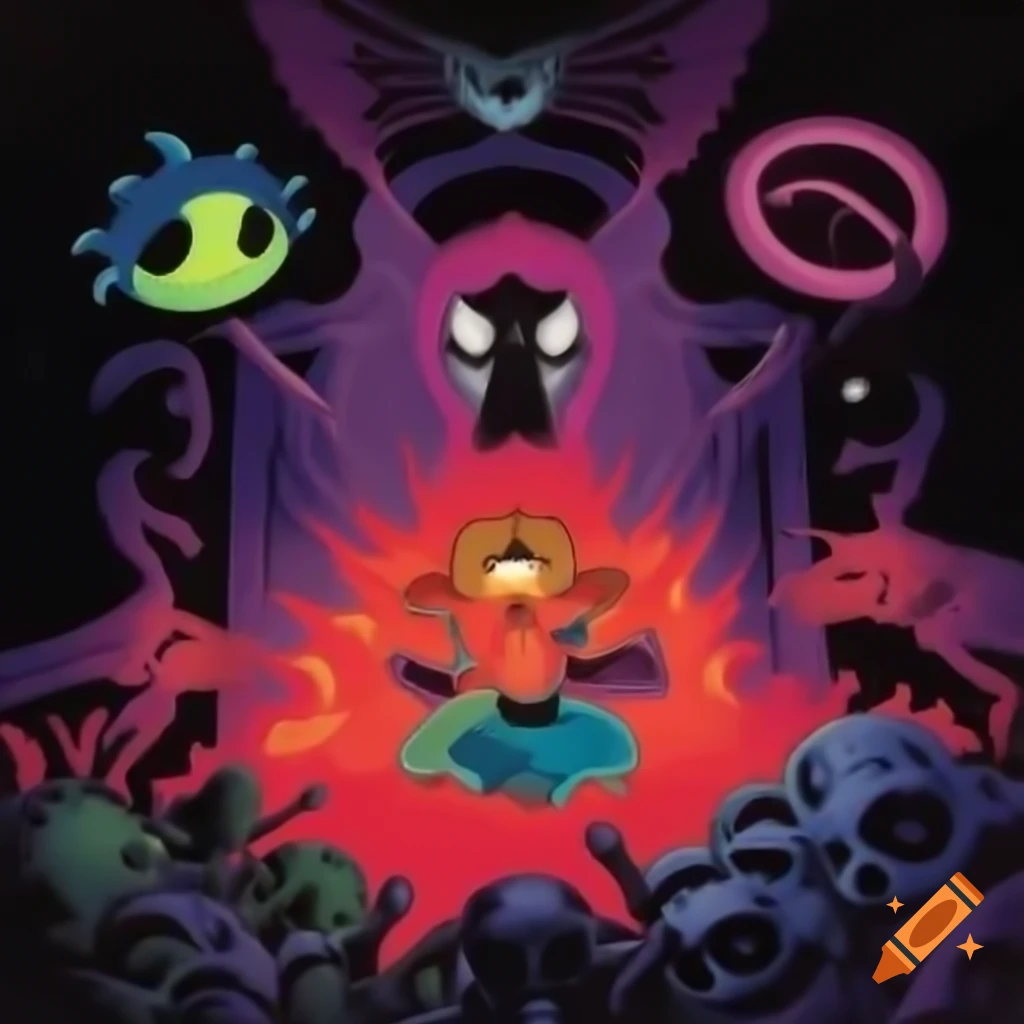 Surreal cosmic battlefield with colorful cartoon style and psychic energy