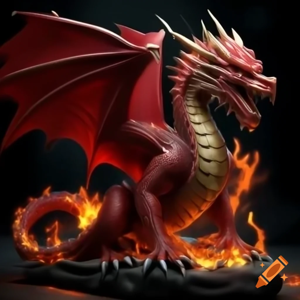 Detailed red fire dragon with glowing orange cracks and fire powers