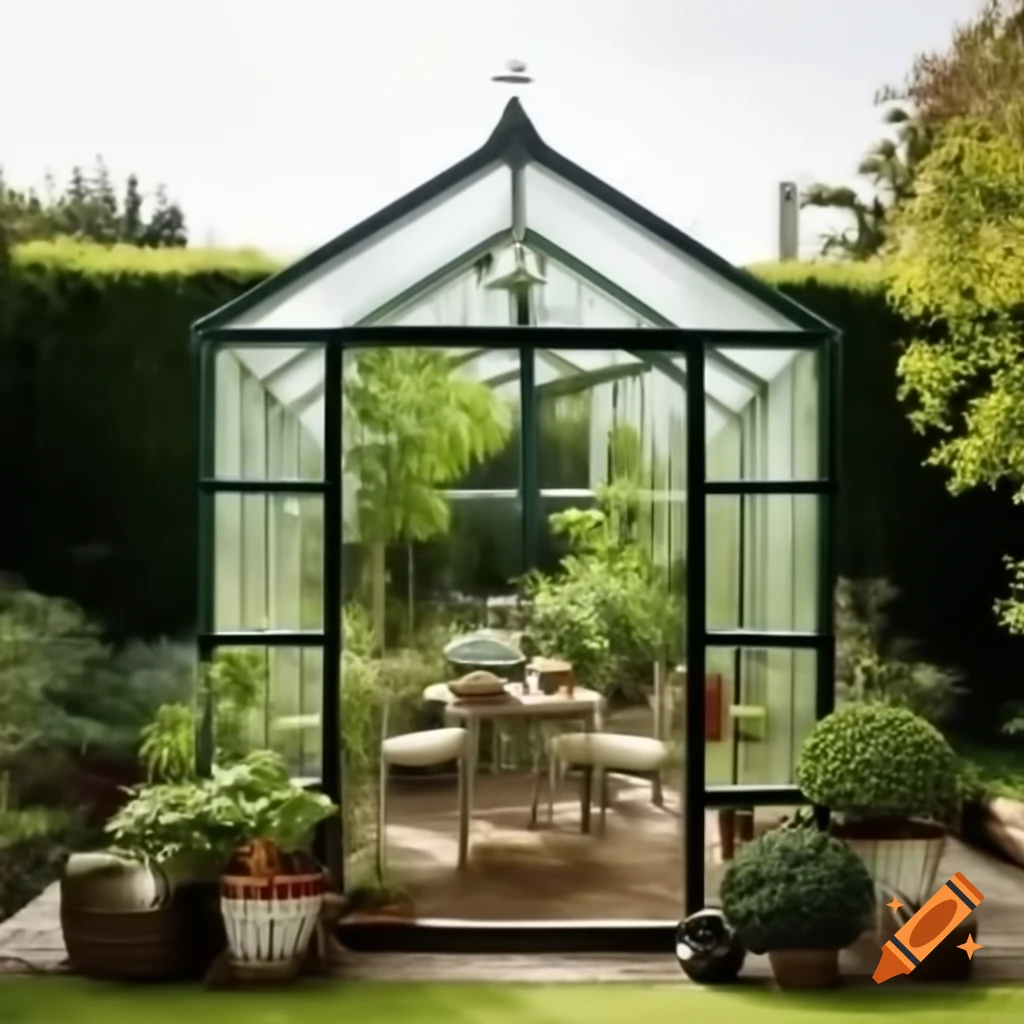 Glass greenhouse with tea time setup in garden