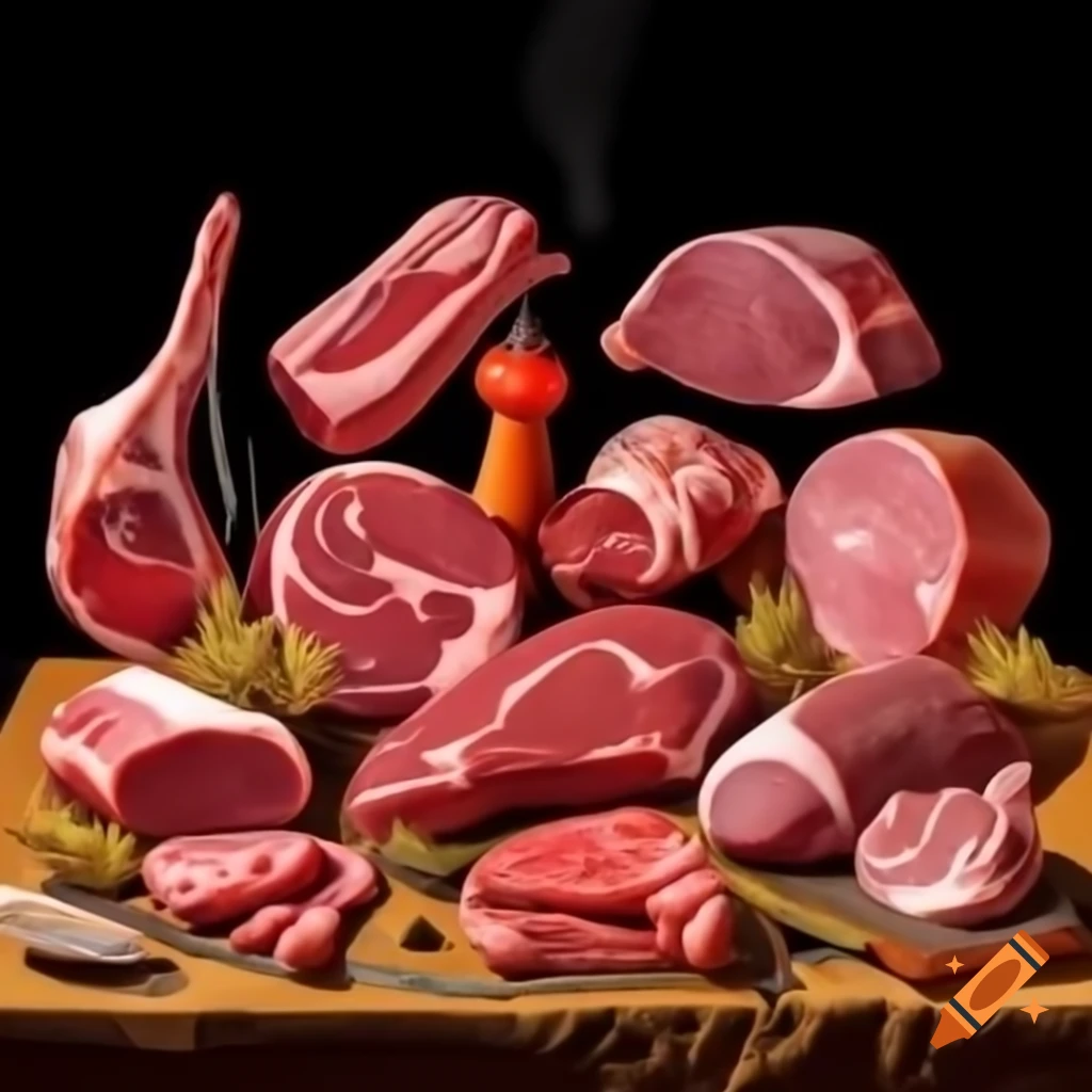 Variety of meats displayed on a dusty table in an animated style