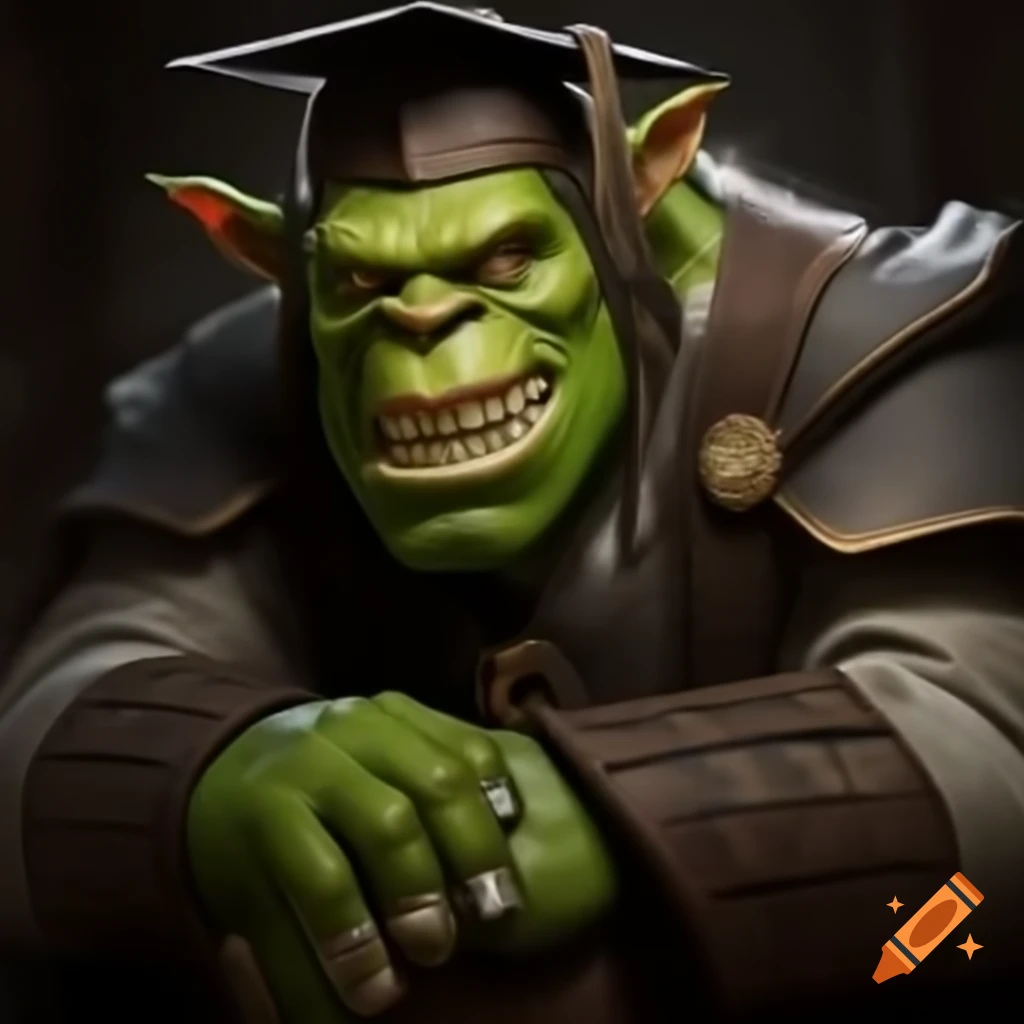 Smirking green orc professor in university mantle and cap holding scrolls