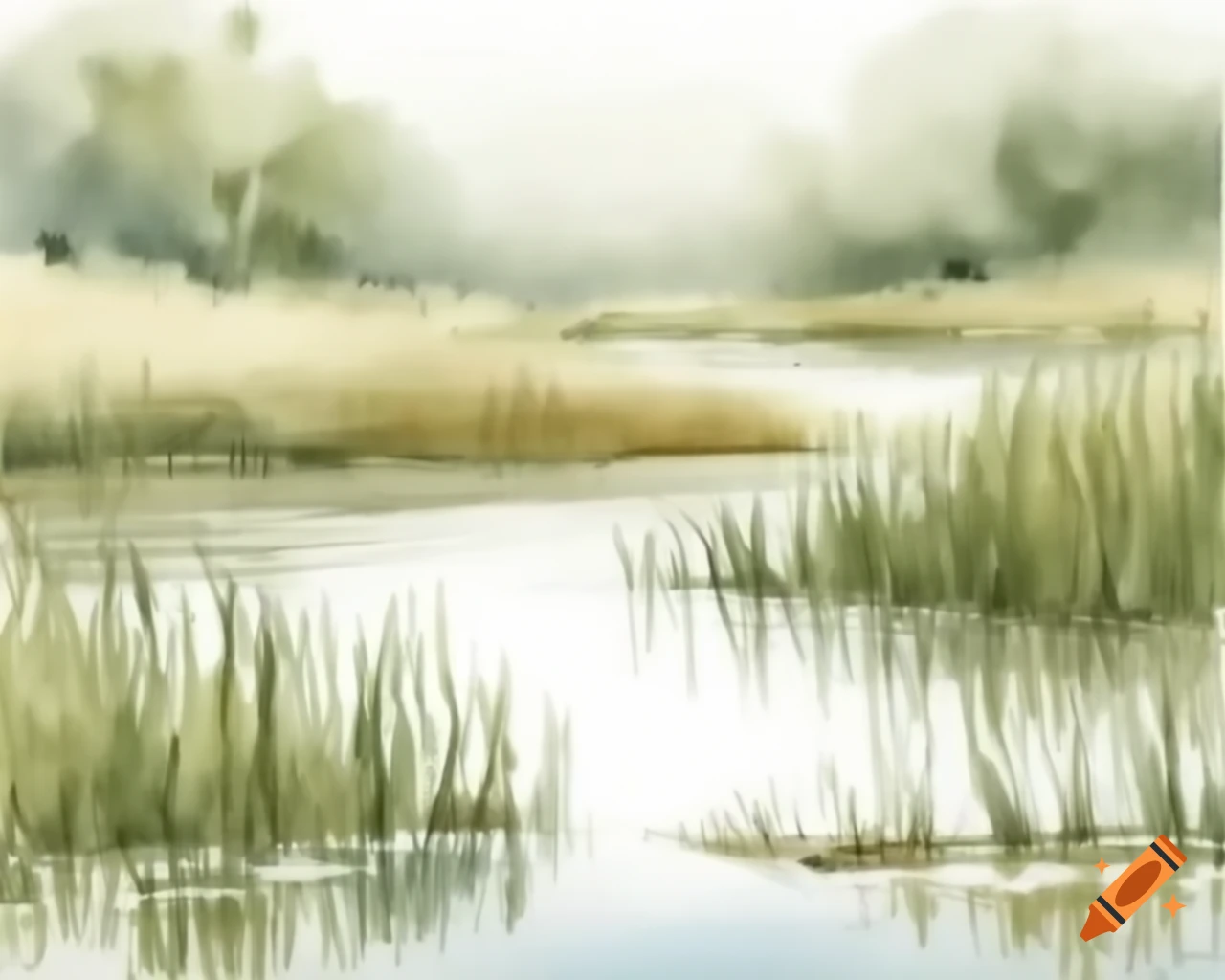 Reflective pond in natural watercolor shades reminiscent of Albert Namatjira
