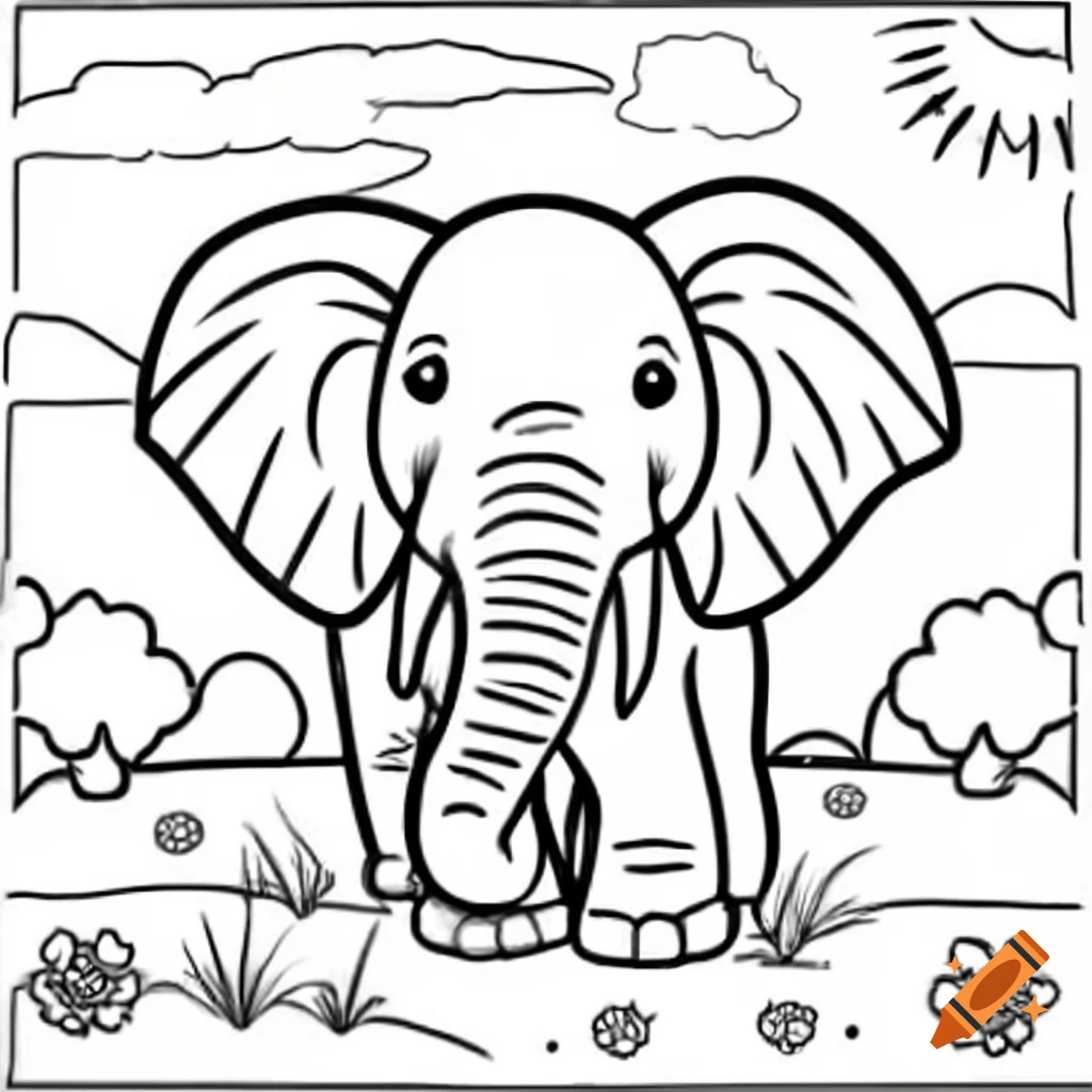 Black and white coloring picture of an elephant on a white background