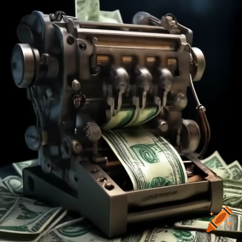 Steampunk-style complex machine printing 100-dollar bills