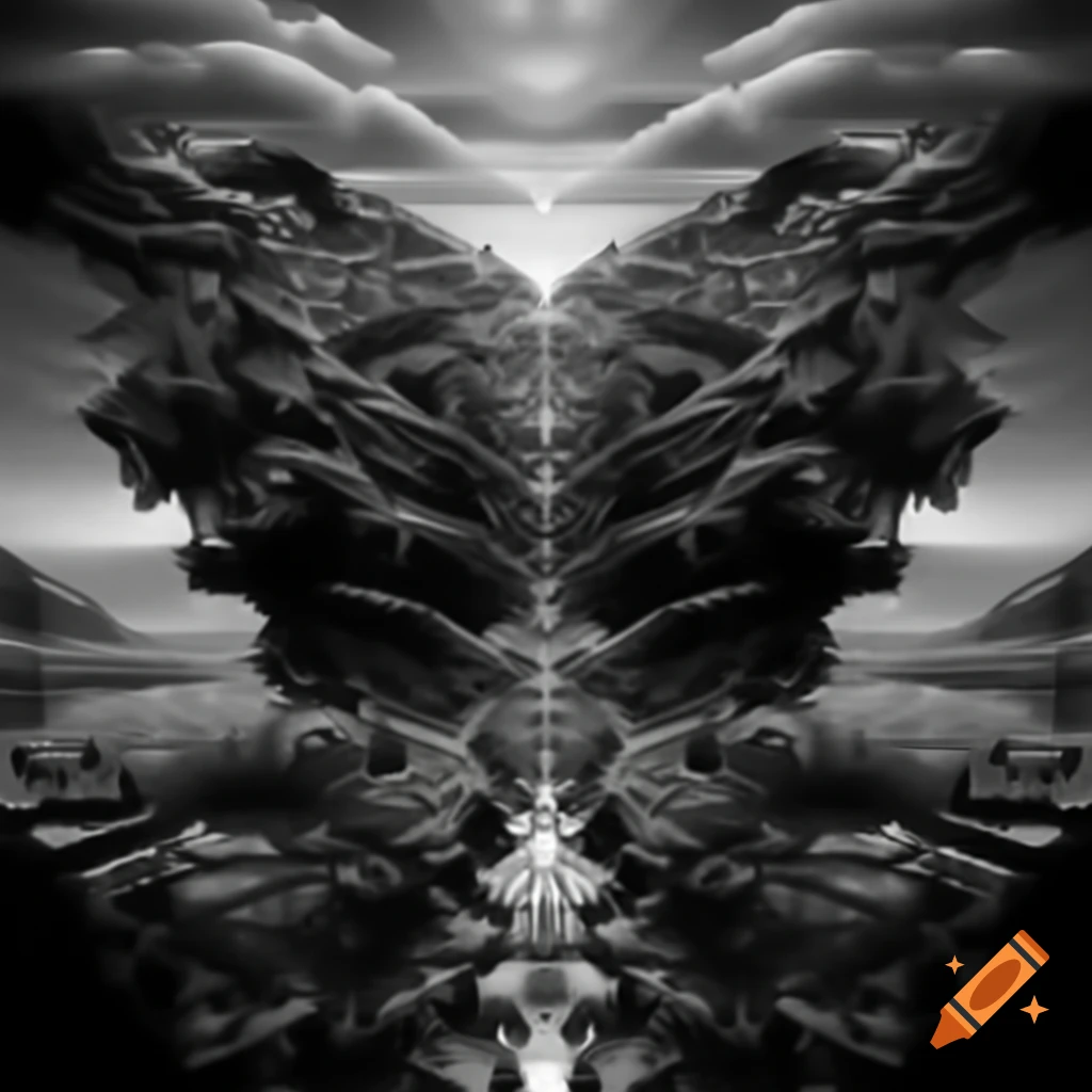 Symmetrical surreal landscape in the style of Dali, using black tattoo ink