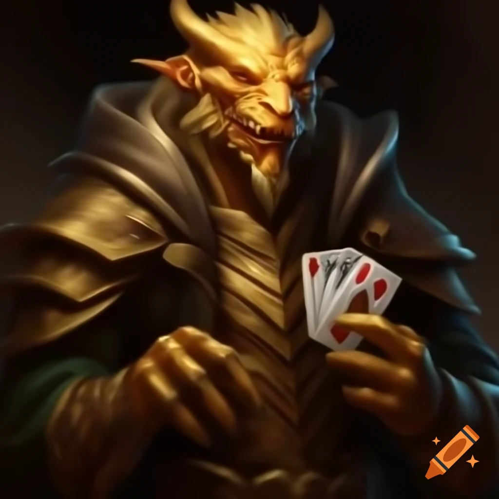 Golden Dragonborn in a cape holding deck of cards