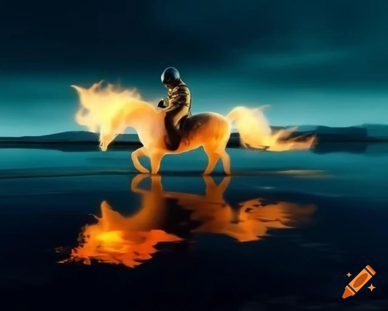 Astronaut riding fire unicorn spirit over a lake with dramatic lighting