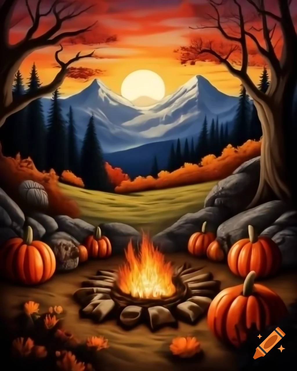 Fall themed iPhone background with campfire and pumpkins on mountain at sunset