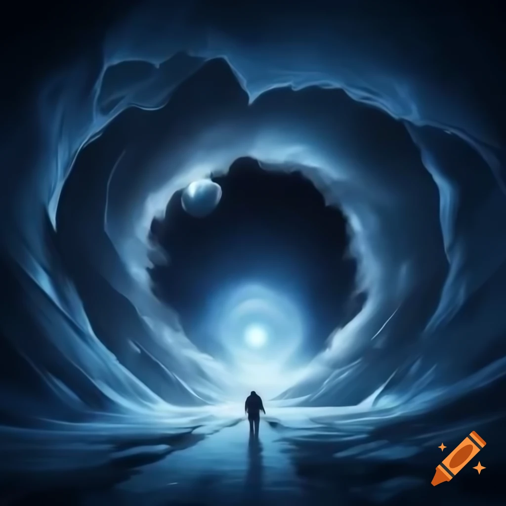 Swirling tunnel of time leading to a massive rectangular doorway
