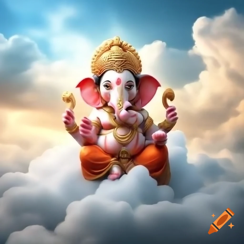 Cute Lord Ganesha sitting on clouds with mountains around