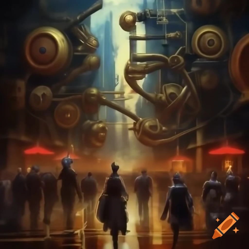 Steampunk Victorian cityscape with mechanical marvels and steam-powered carriages