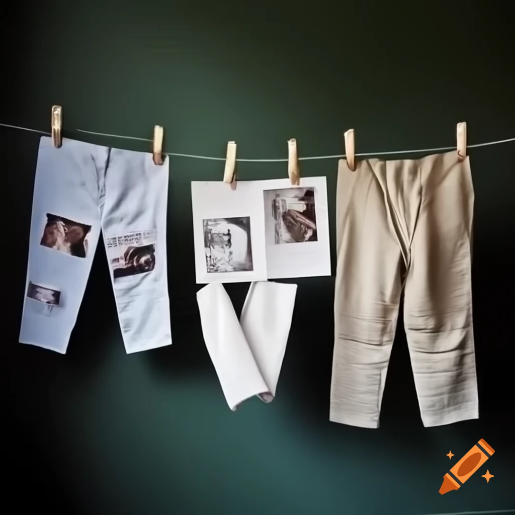 Clothes-lines with pictures drying, secured by clothespins
