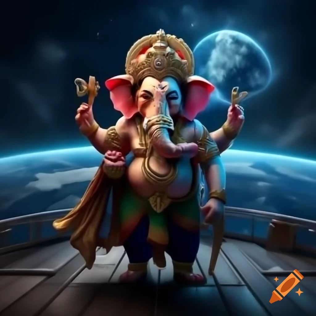 Ganesha as captain of an earth ship on deck, ultra HD with optimal lighting