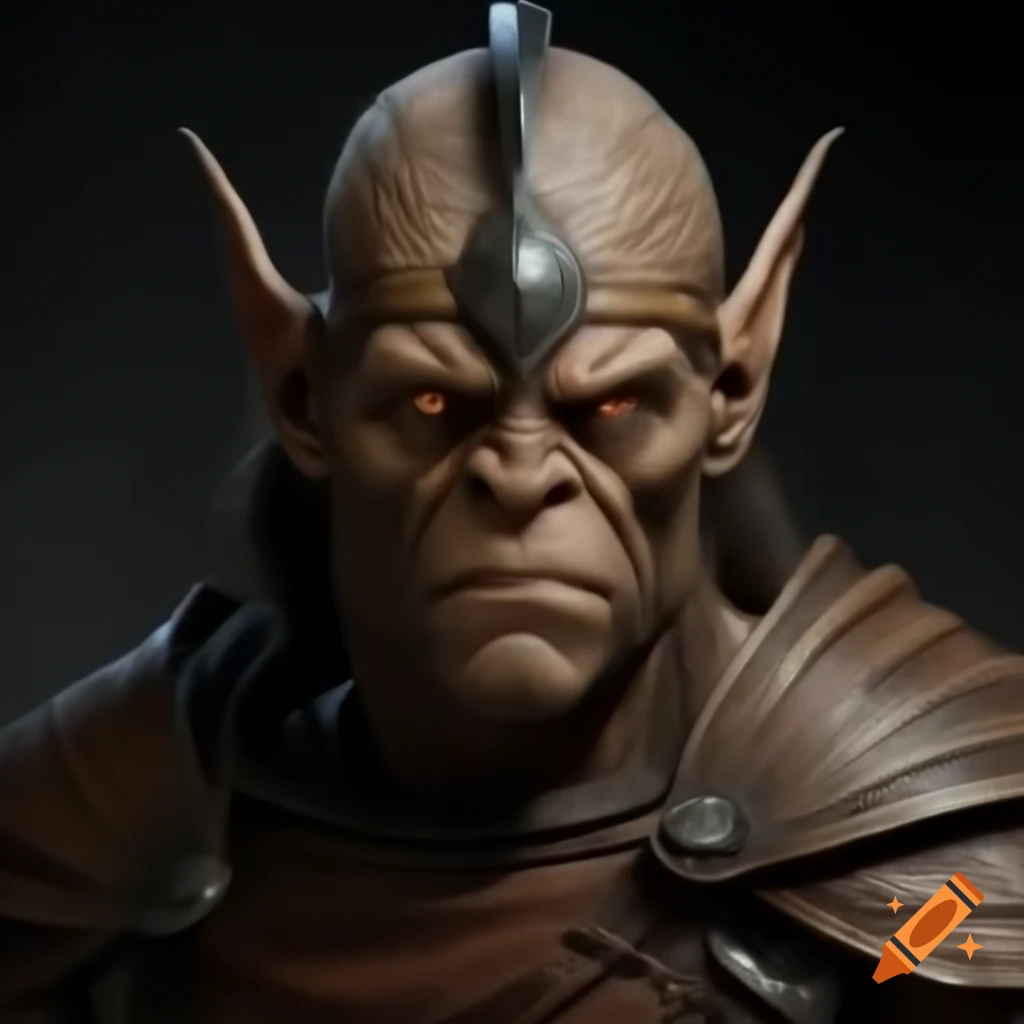 Hobgoblin male warrior in leather armor with metal helmet, realistic features