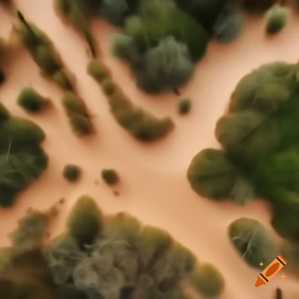 Top-down view of sandy paths crossing lush vegetation, close-up high quality