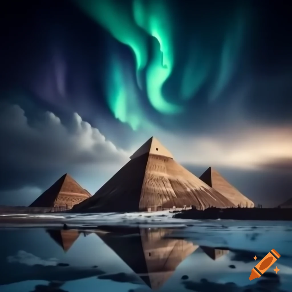 Snowy landscape with natural yellow pyramids surrounded by water