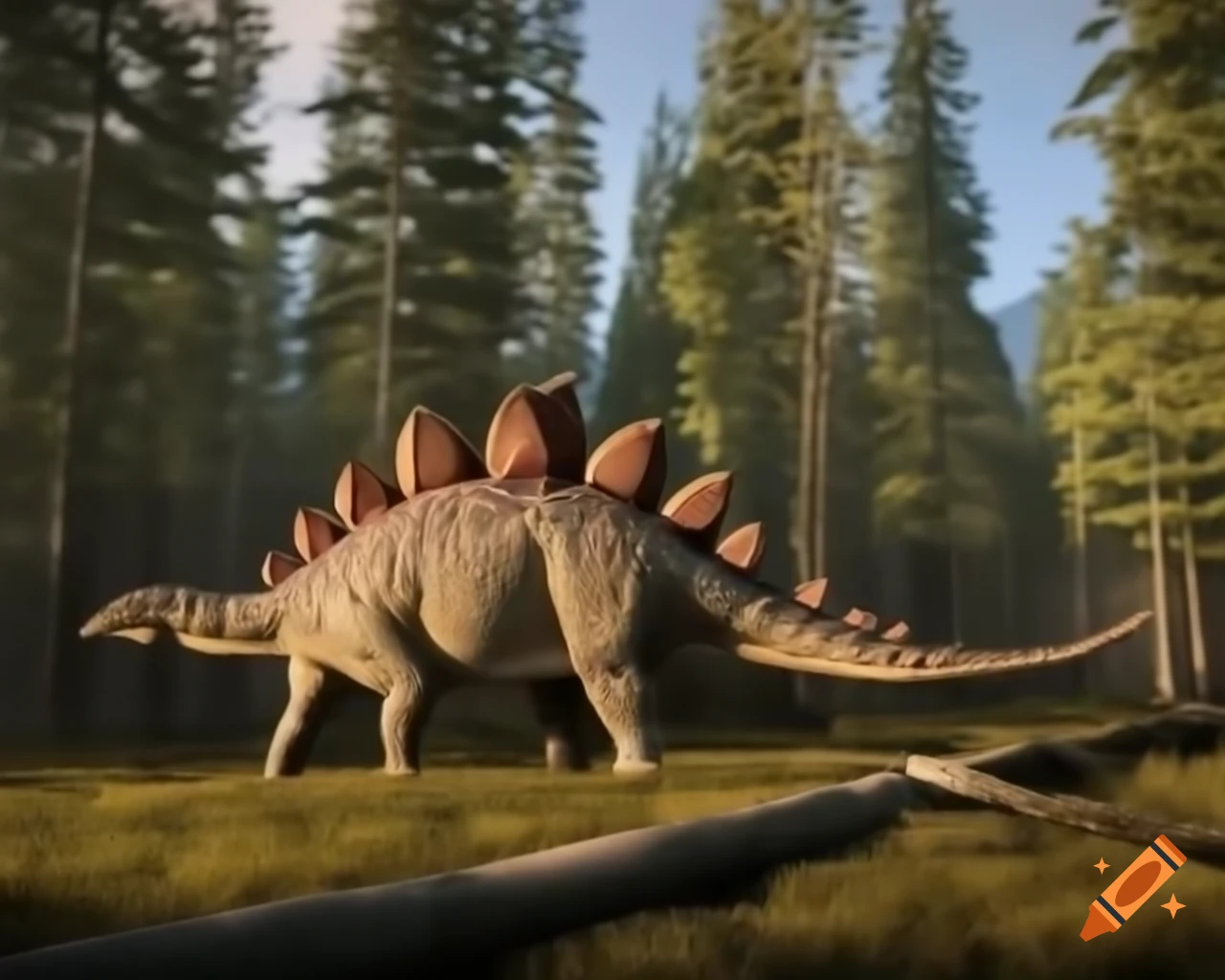 Stegosaurus crossing sunny scrubland with fallen trees in British Columbia