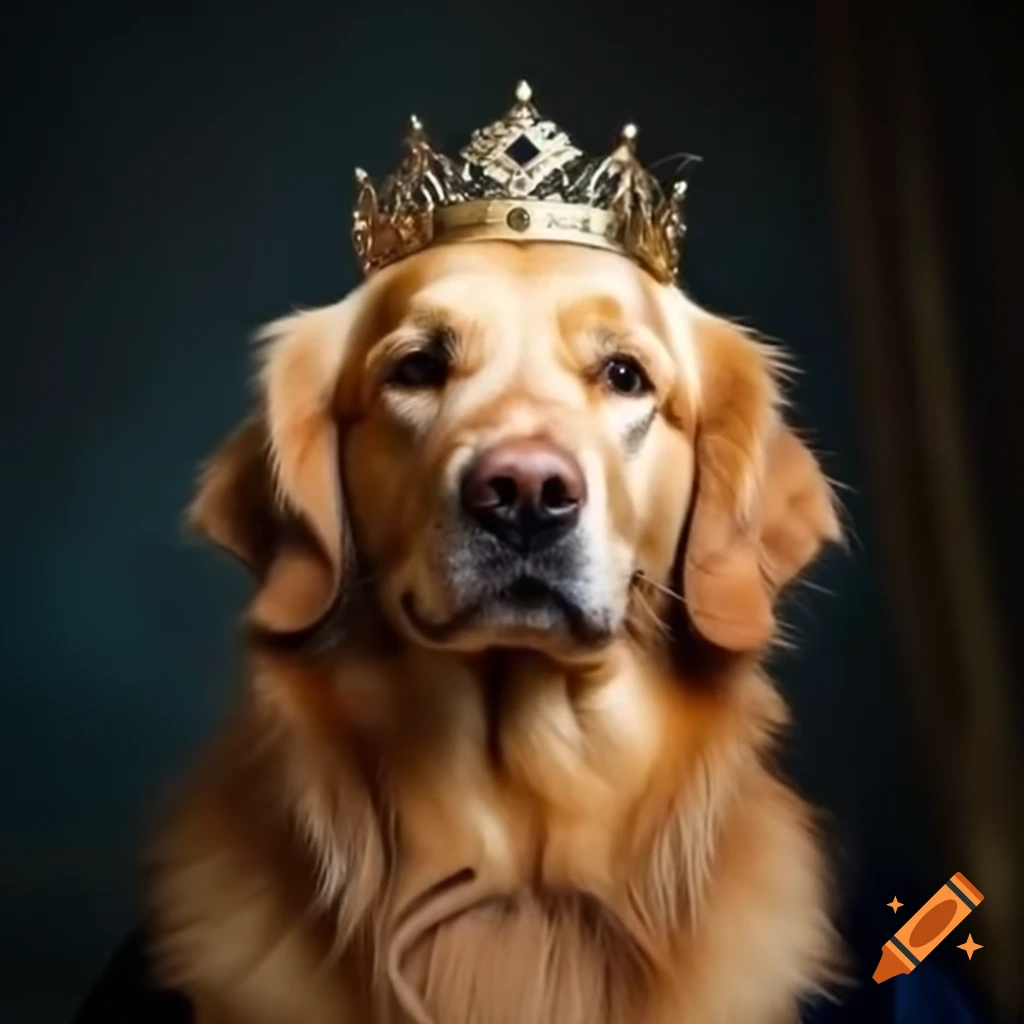 Golden retriever in tiara and navy gown