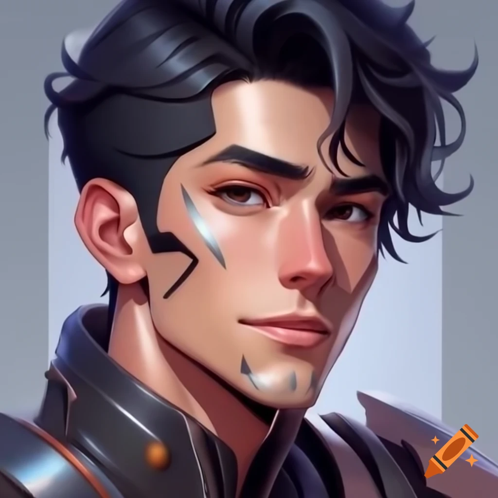 Charming male cyborg with metallic skin and confident expression