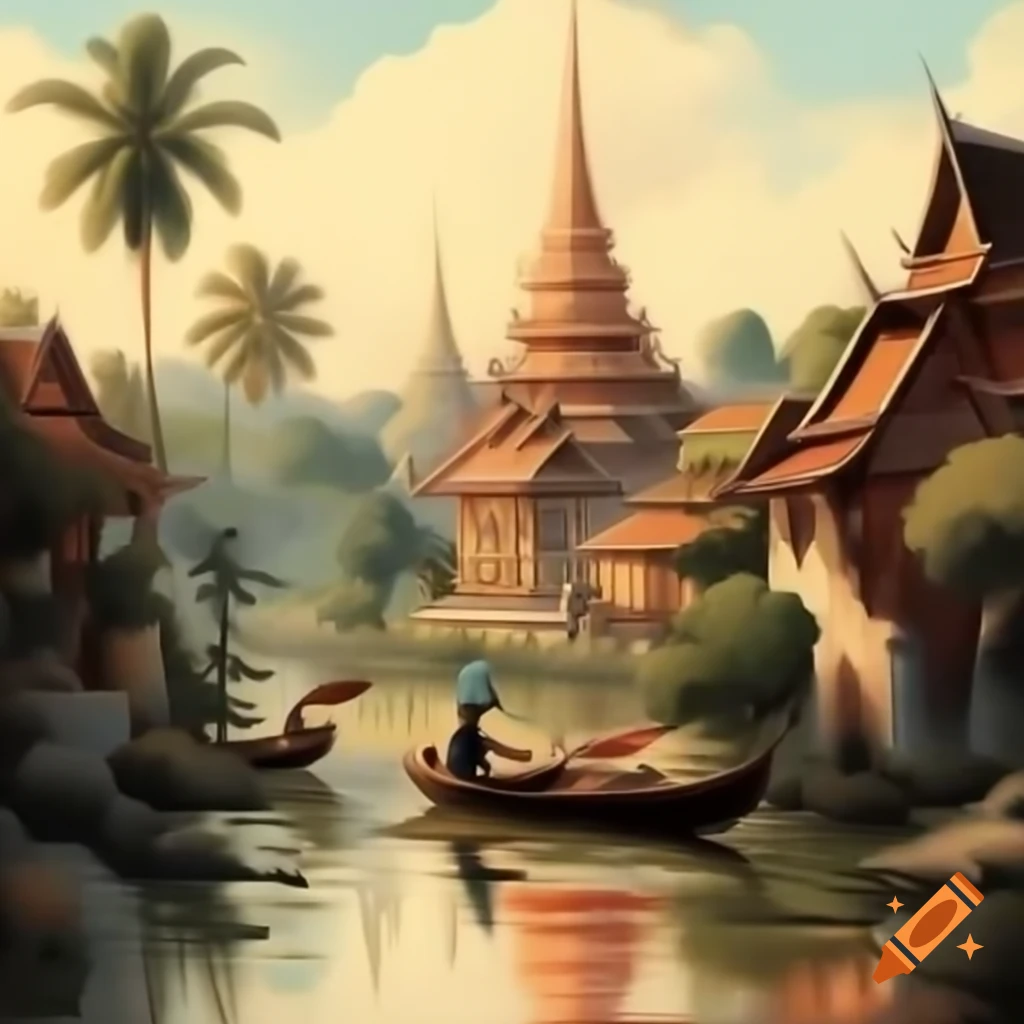 Classic painting of a Thai village with canoes
