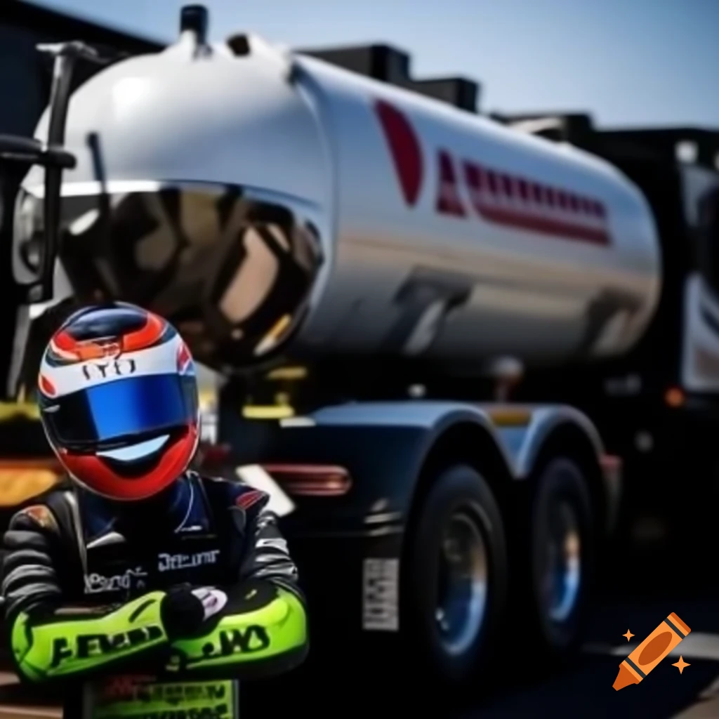 Racer in helmet near sewage disposal truck