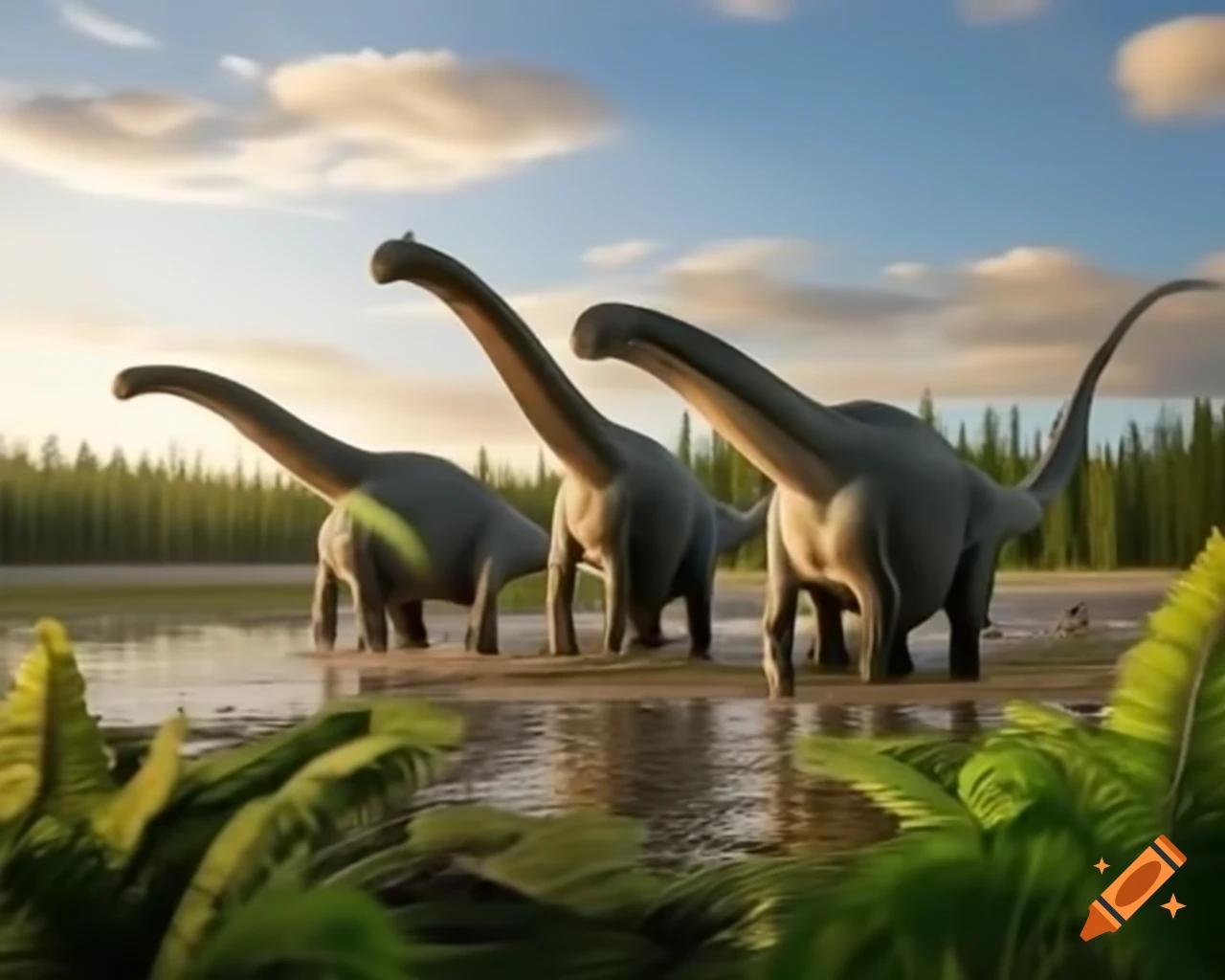 Three light grey Diplodocus walking along a sunny muddy bank of a lake with driftwood and ferns