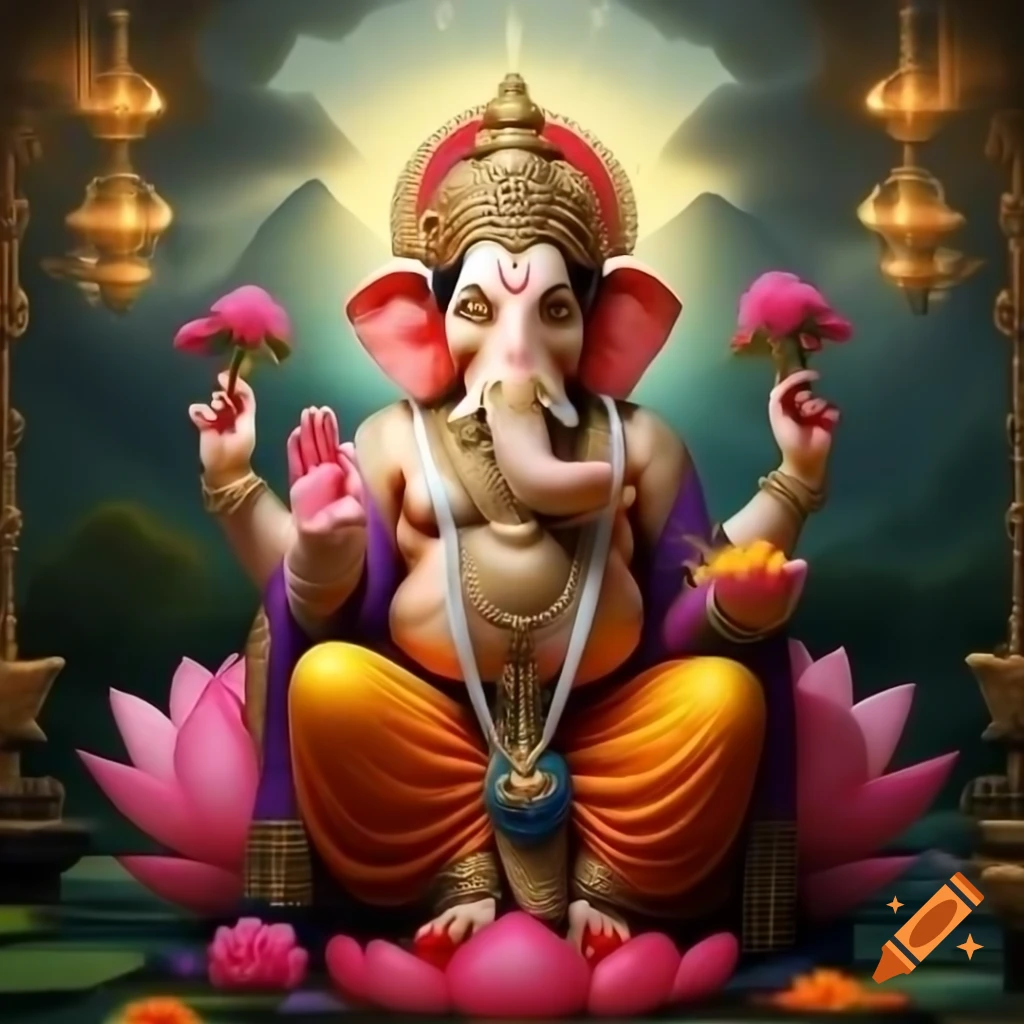 Majestic Lord Ganesha seated on lotus with intricate details and divine glow