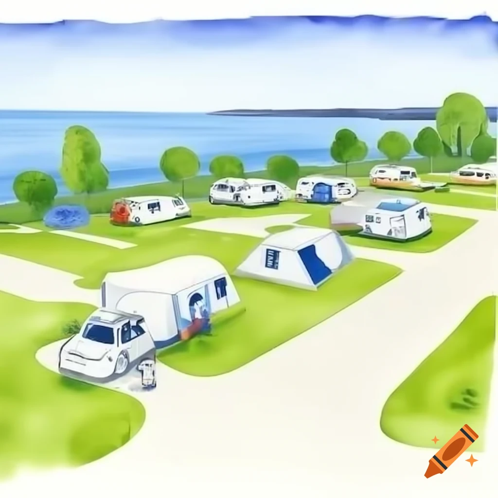Large campsite by the lake featuring tents, caravans, motorhomes, and recreational area