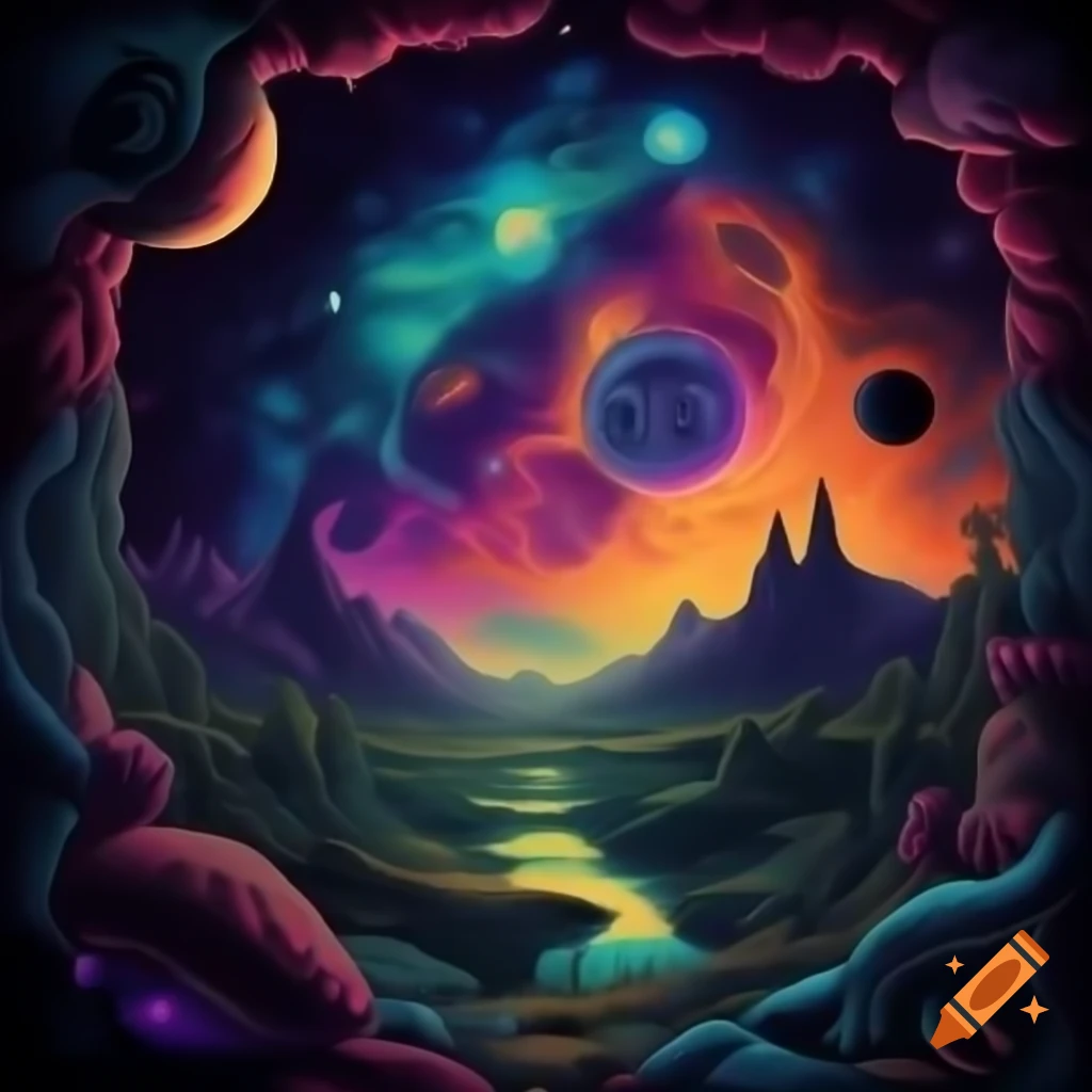 Psychedelic album cover featuring landscape and creatures with cosmic themes