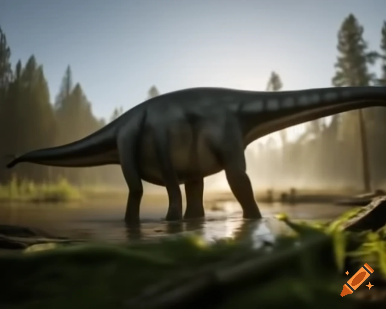 Light grey Diplodocus walking along muddy lake bank with driftwood and ferns at golden hour
