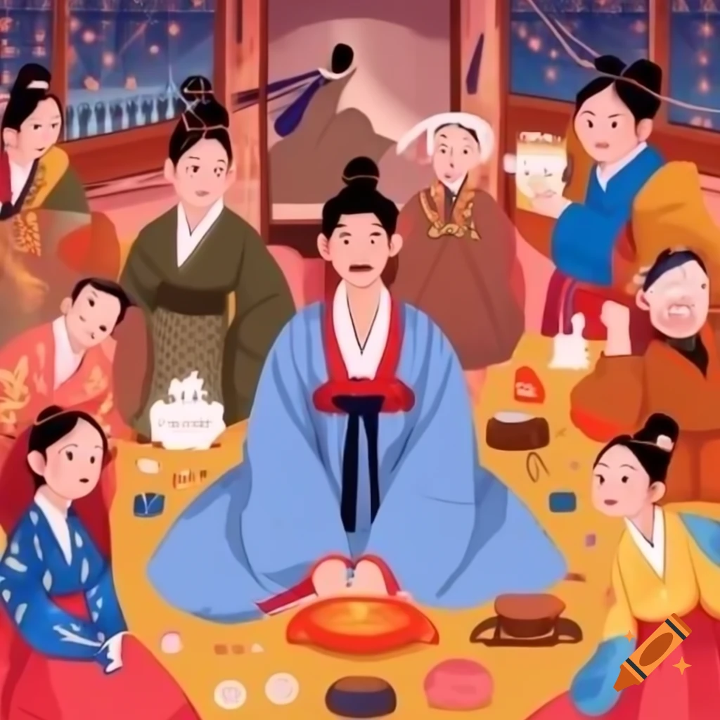 Illustration of Chuseok holiday in South Korea with people in hanbok making songpyeon