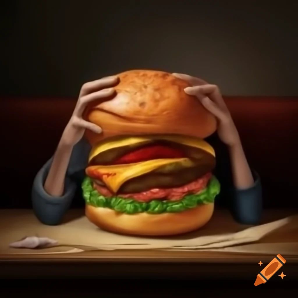 Caricature of Death eating a burger in a realistic style