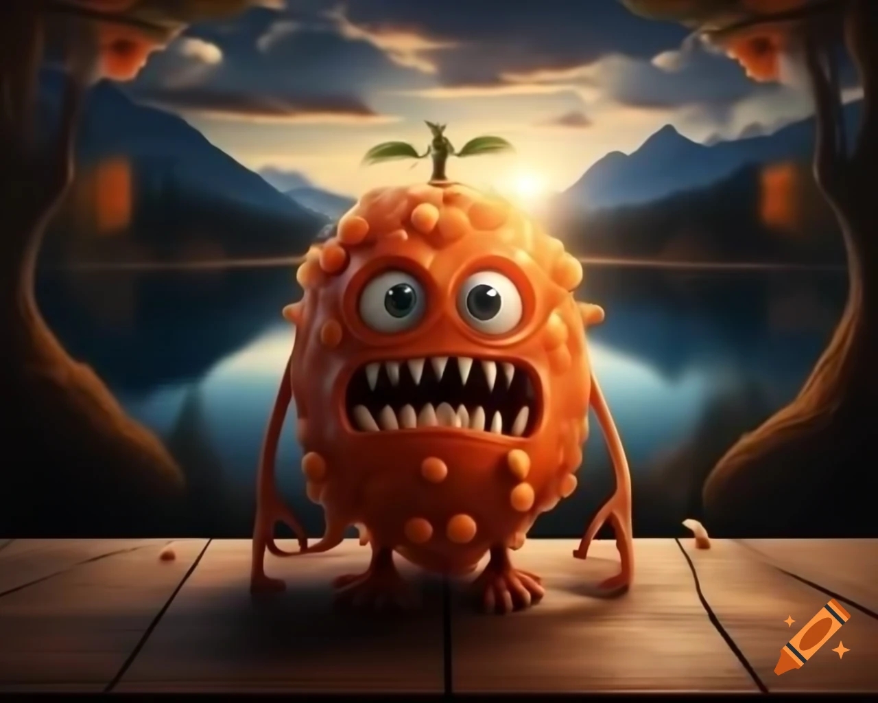Hyper-realistic 3D orange fruit monster with human features on wooden table