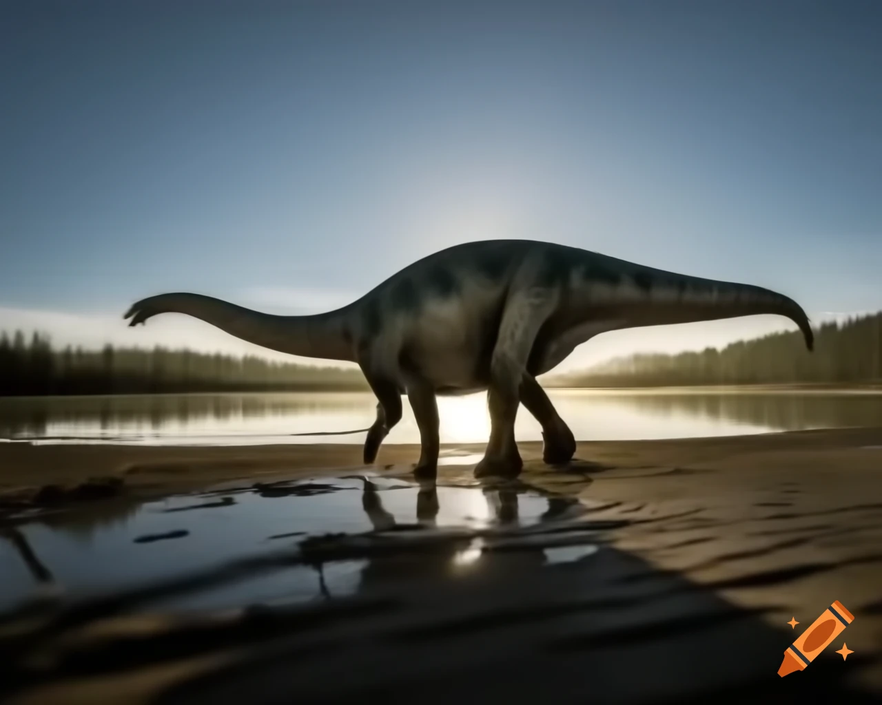 Light grey Diplodocus walking along muddy lake bank in British Columbia during golden hour